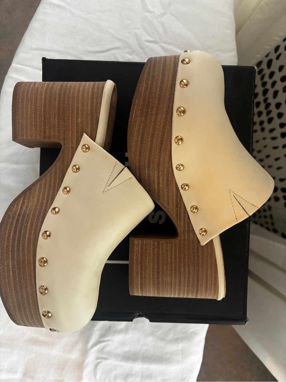 Off White Platform Clogs with Gold Studs - Picture 4 of 7